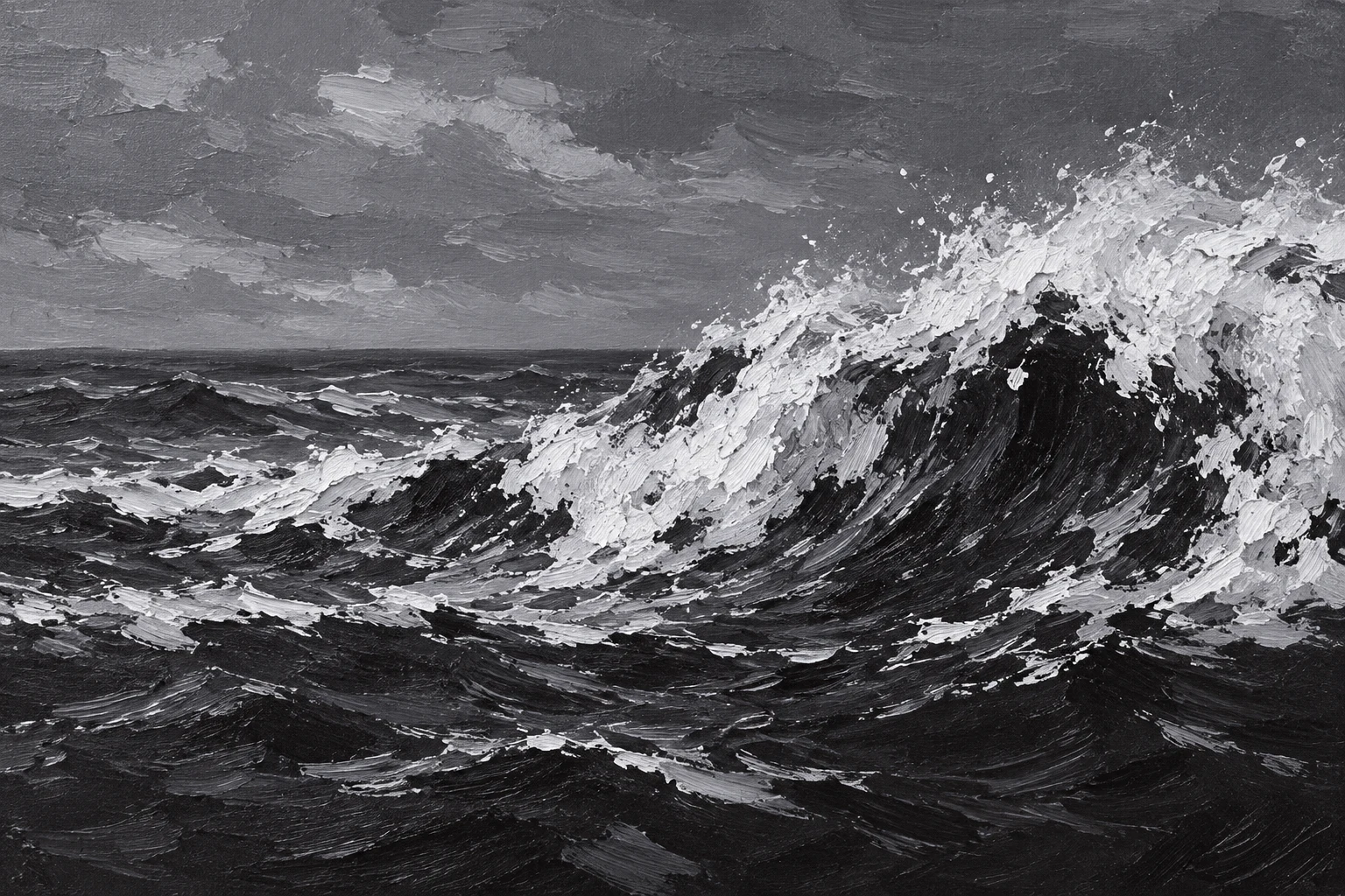 A breaking wave seen from the side in charcoal, gray, black, stone; landscape artwork.
