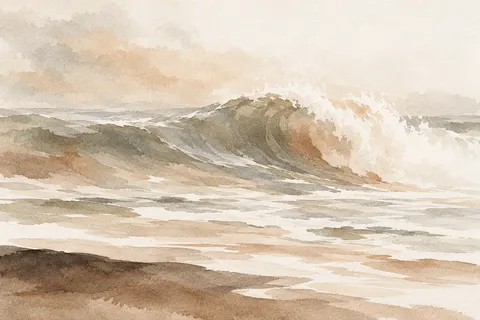 A breaking wave seen from the side in cream, white, sand, stone; landscape artwork.