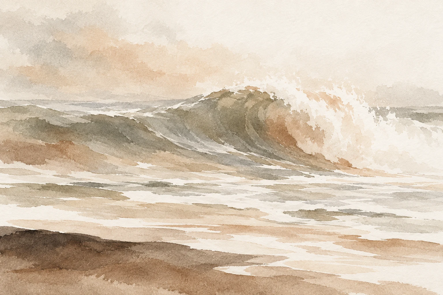 A breaking wave seen from the side in cream, white, sand, stone; landscape artwork.