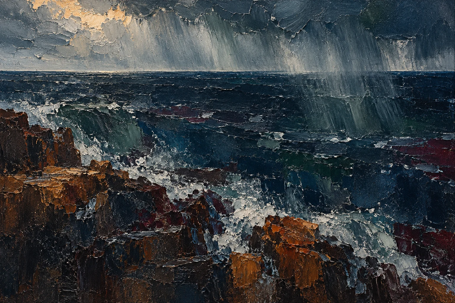 A rain shower veil over the sea in black, charcoal, navy, gray; landscape artwork.