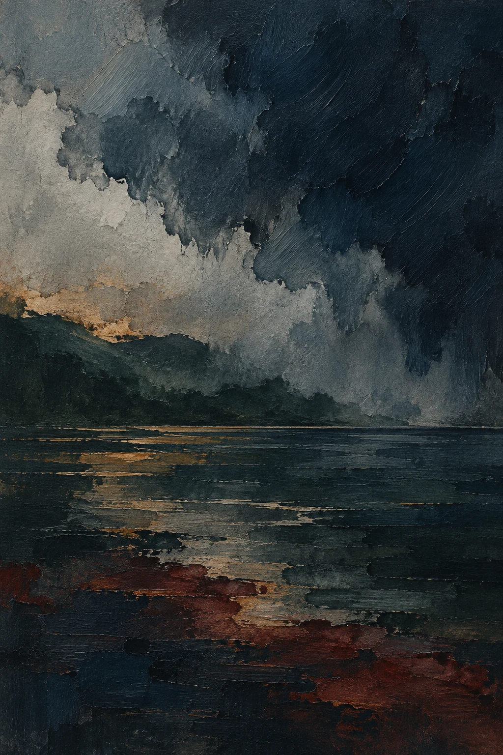 A lake surface before a storm in black, charcoal, gray; portrait artwork.