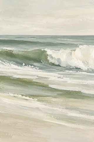 A breaking wave seen from the side in cream, stone, sage; portrait artwork.