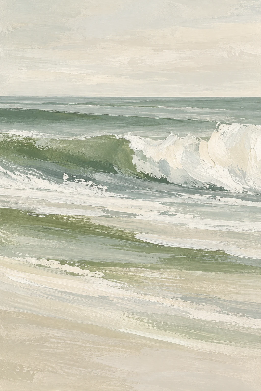 A breaking wave seen from the side in cream, stone, sage; portrait artwork.