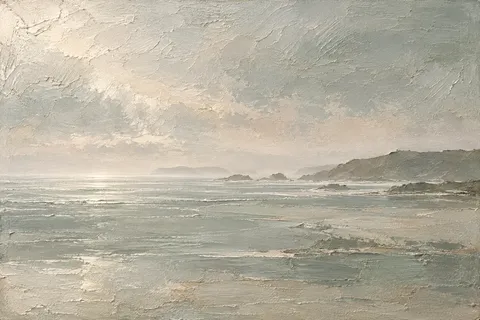 Sea mist over a flat horizon in stone, gray, sand, cream; landscape artwork.