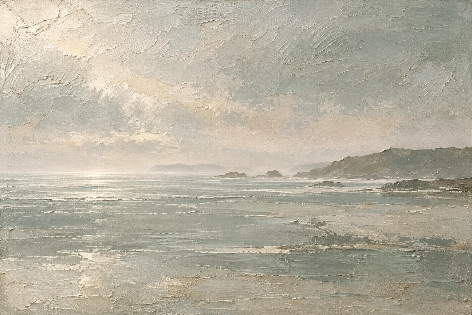 Sea mist over a flat horizon in stone, gray, sand, cream; landscape artwork.