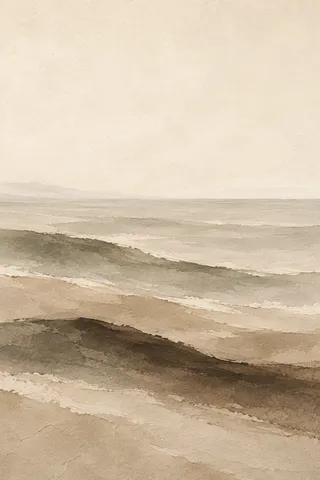 Long slow swells with no shore in cream, sand, stone, olive; portrait artwork.