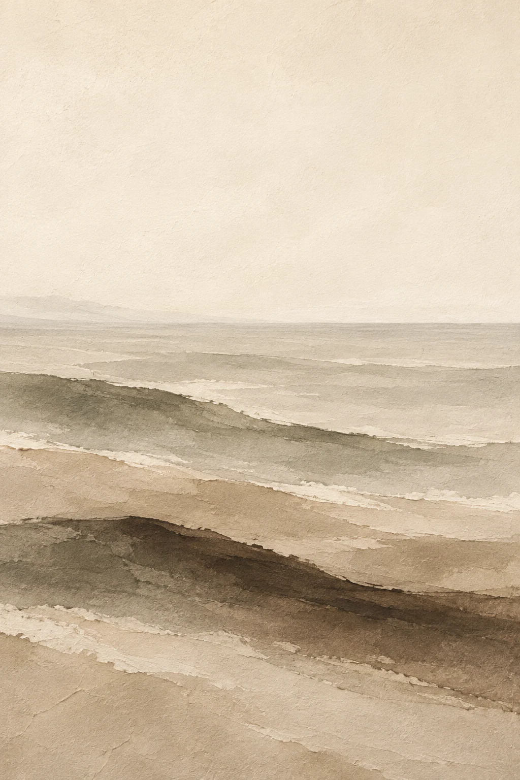 Long slow swells with no shore in cream, sand, stone, olive; portrait artwork.