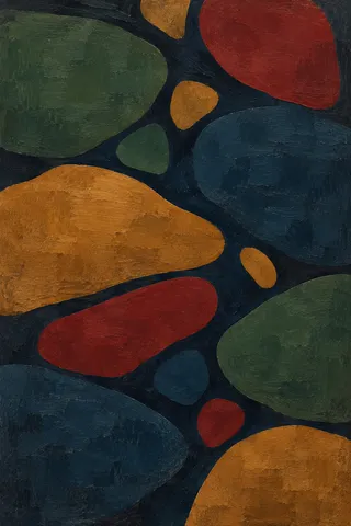 A creek running over smooth stones in black, charcoal, terracotta, burgundy; portrait artwork.
