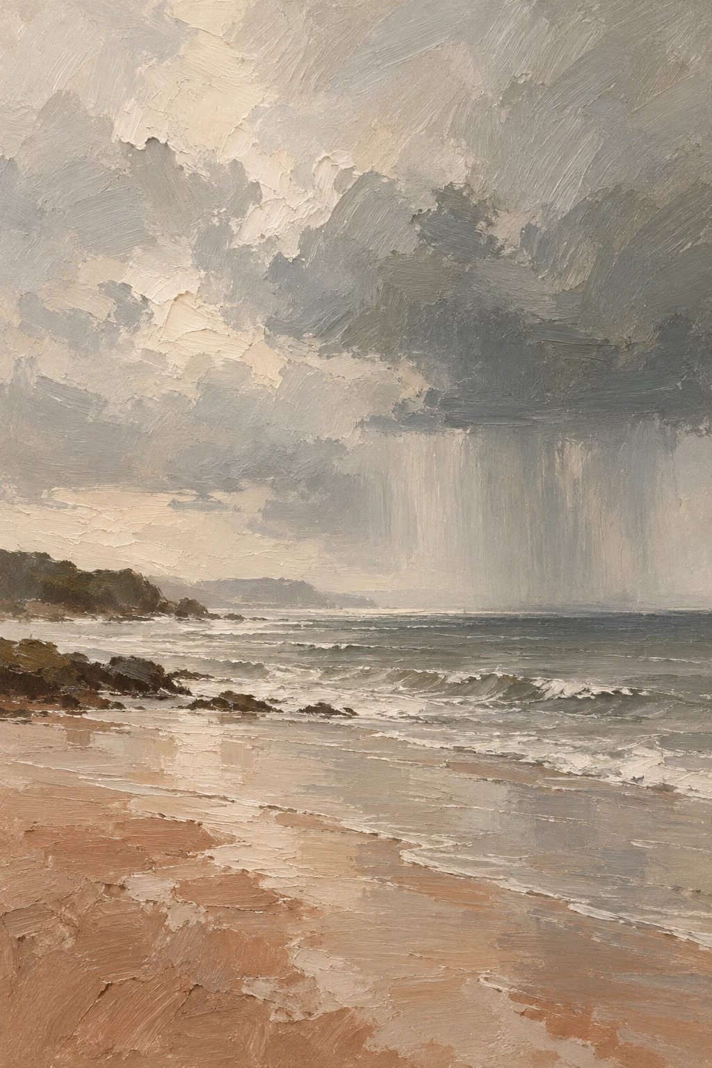 A rain shower veil over the sea in stone, sand, gray, taupe; portrait artwork.