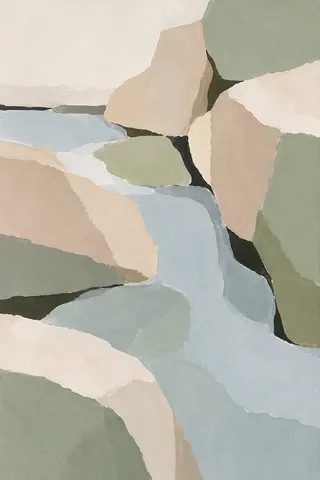 A creek running over smooth stones in stone, cream, gray, taupe; portrait artwork.