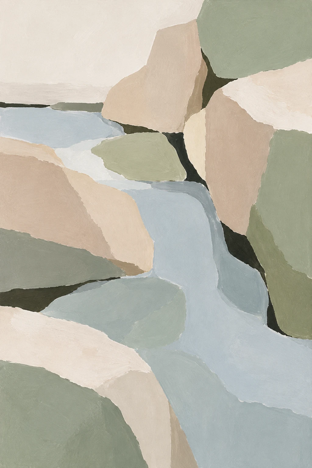 A creek running over smooth stones in stone, cream, gray, taupe; portrait artwork.