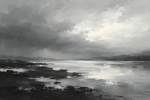 A lake surface before a storm in gray, stone, black, cream; landscape artwork.