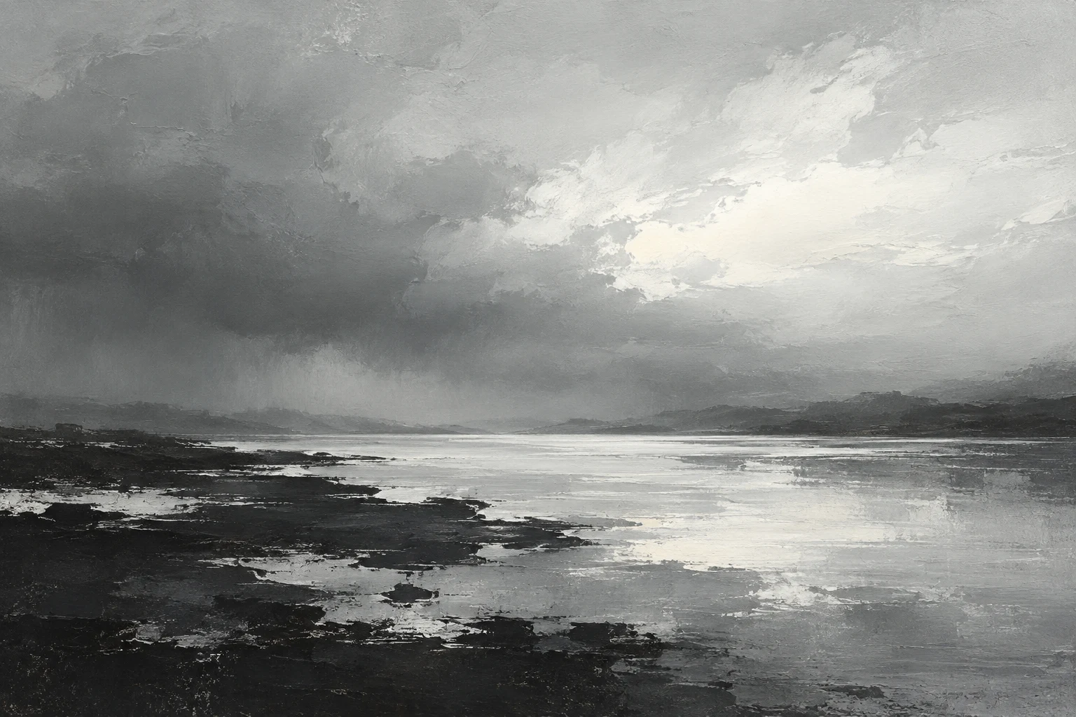 A lake surface before a storm in gray, stone, black, cream; landscape artwork.