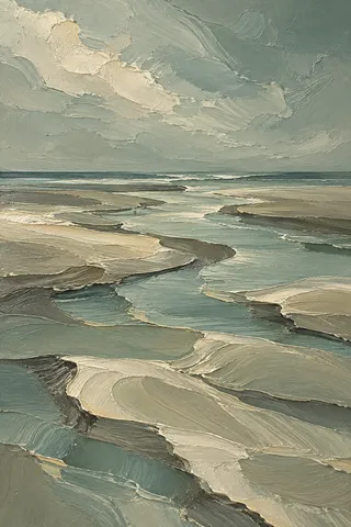 Wet sand ribbons after the tide in sage, sand, taupe, gray; portrait artwork.