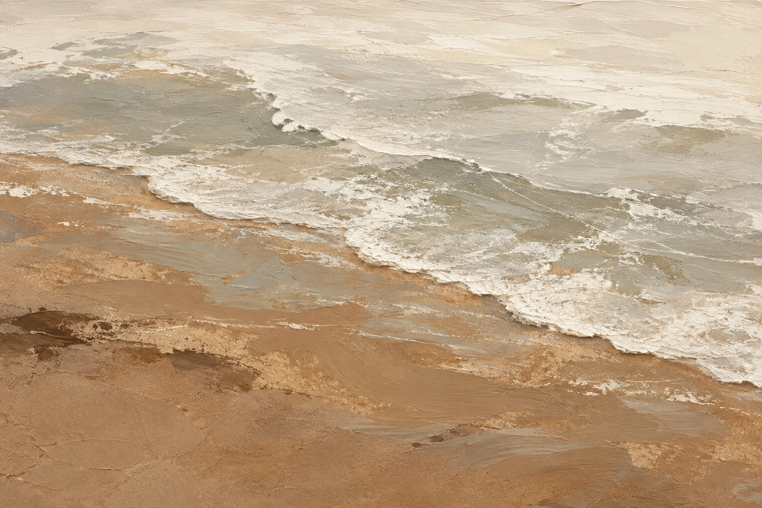 A shoreline foam line seen from above in ochre, cream, sand, stone; landscape artwork.
