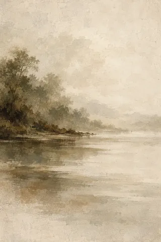 A still water surface as pure tonal bands in cream, stone, brown, sand; portrait artwork.