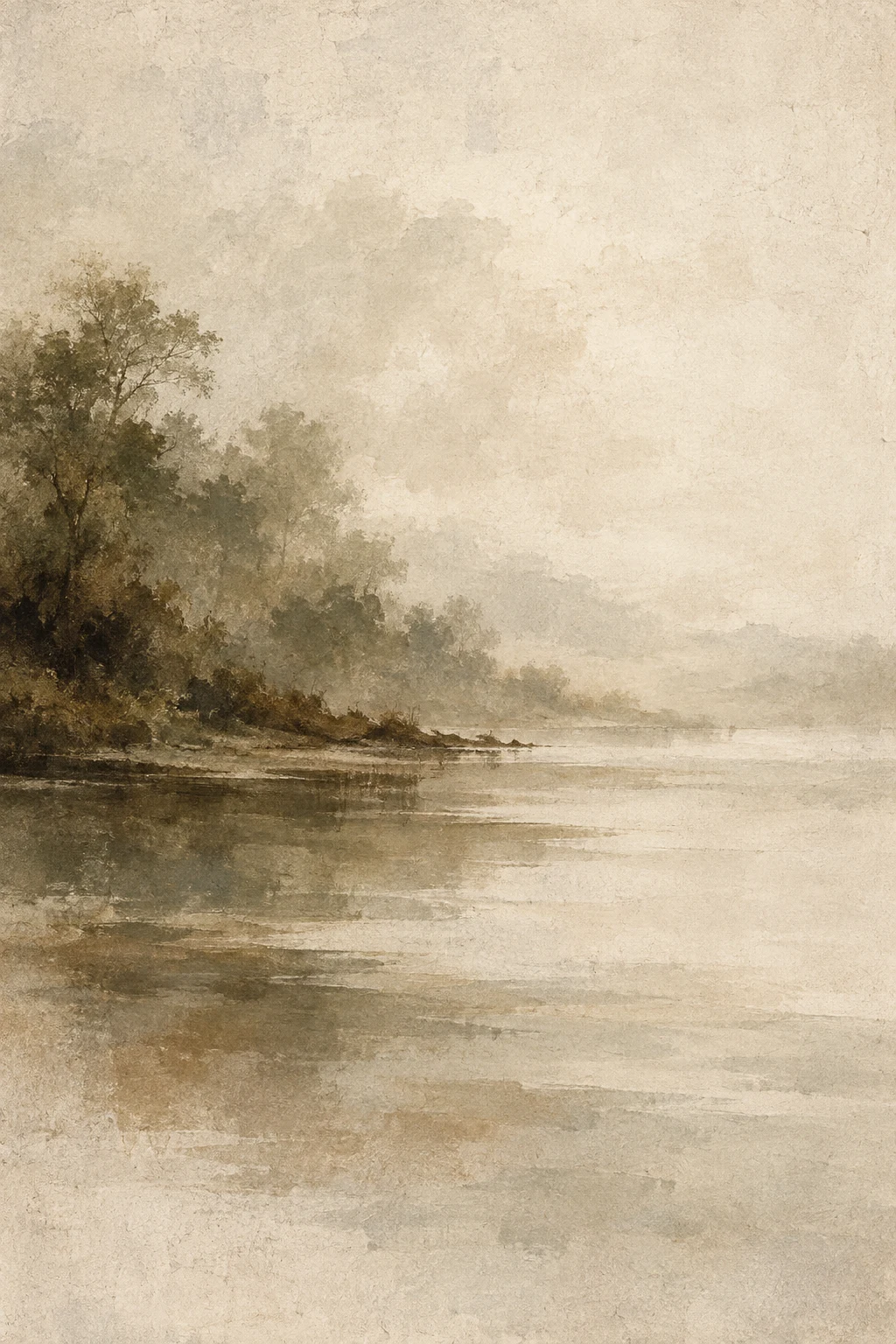 A still water surface as pure tonal bands in cream, stone, brown, sand; portrait artwork.