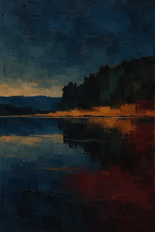 A lake at dusk, mirror still in black, navy, charcoal; portrait artwork.