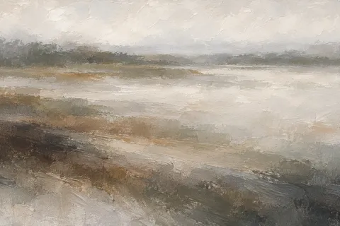 Horizon bands dissolving into morning fog in cream, stone, olive, taupe; landscape artwork.