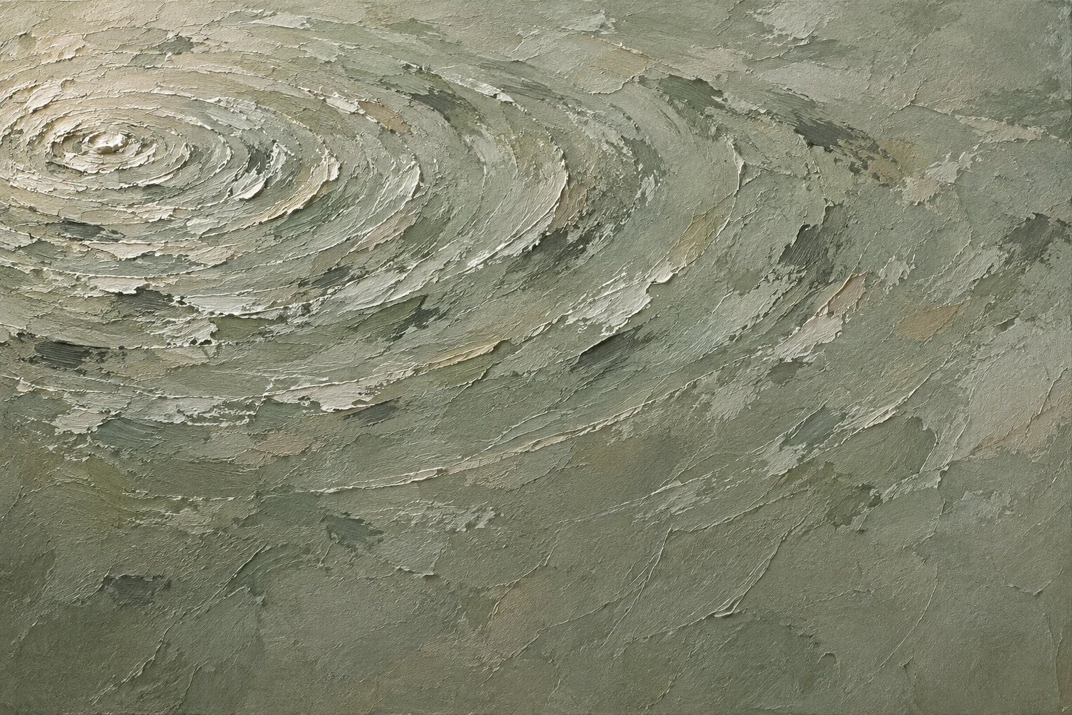 Ripples spreading from one point in sage, taupe, olive, gray; landscape artwork.