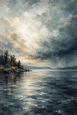 A lake surface before a storm in stone, gray, green, charcoal; portrait artwork.