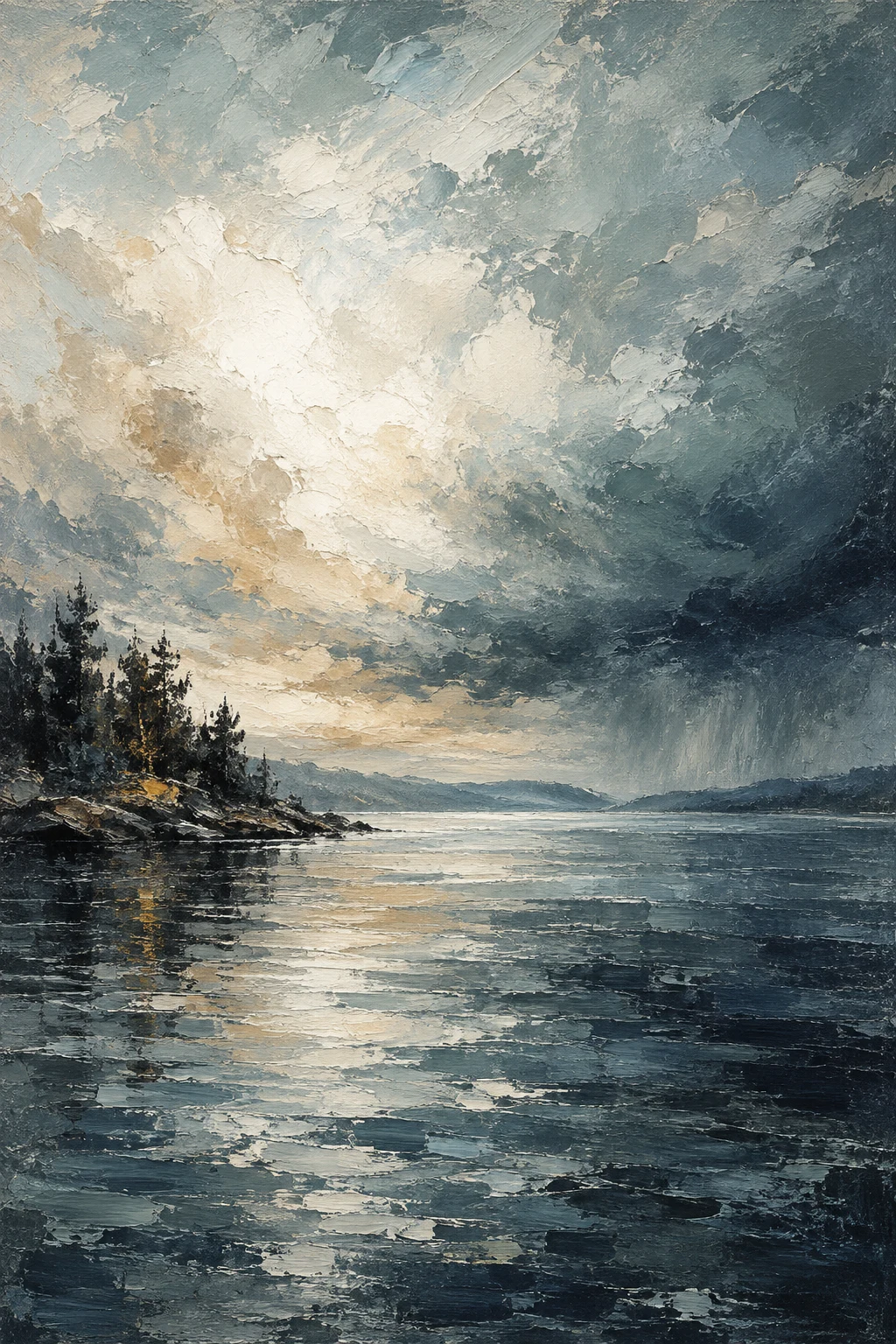 A lake surface before a storm in stone, gray, green, charcoal; portrait artwork.