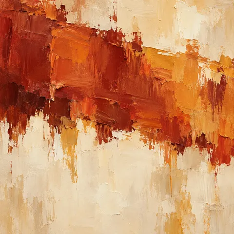 One wide band with a frayed lower edge over an open ground in cream, red, terracotta, sand; square artwork.