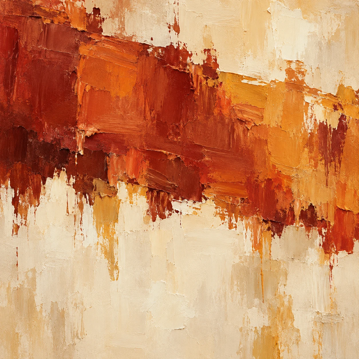 One wide band with a frayed lower edge over an open ground in cream, red, terracotta, sand; square artwork.