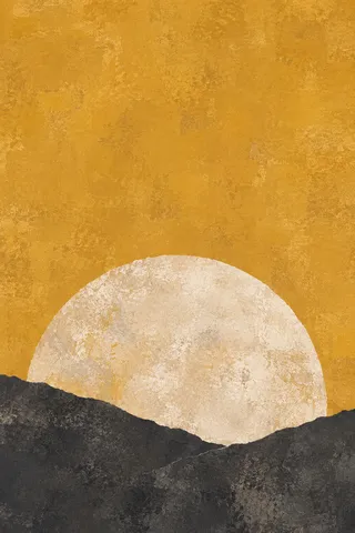 A half-moon rising from the bottom edge in orange, cream, charcoal, ochre; portrait artwork.