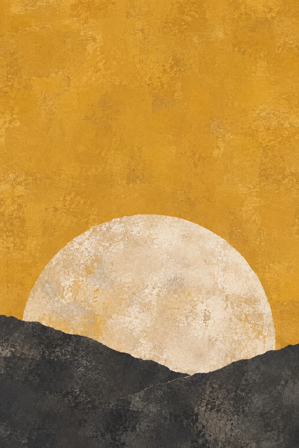 A half-moon rising from the bottom edge in orange, cream, charcoal, ochre; portrait artwork.