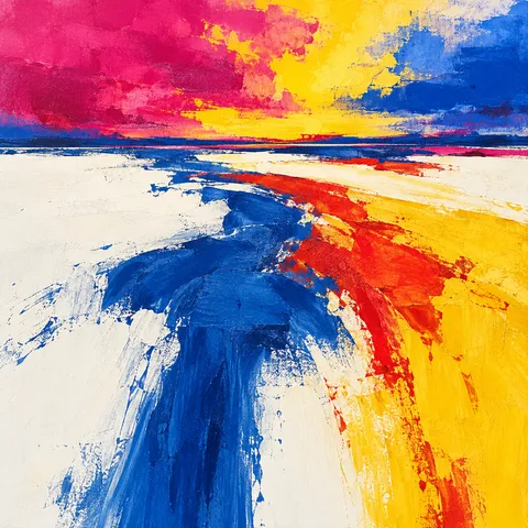 A horizon line set very high with weather above it in white, yellow, blue, red; square artwork.