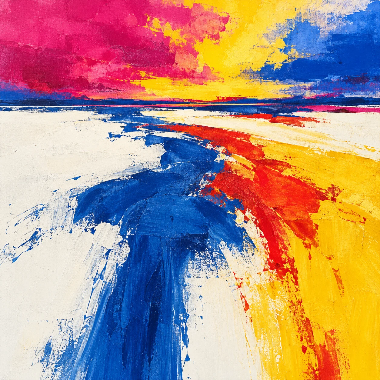 A horizon line set very high with weather above it in white, yellow, blue, red; square artwork.