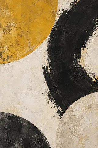 Four quarter-circles turned different ways in black, cream, ochre, stone; portrait artwork.
