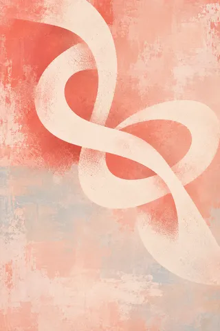 A knot of looping line over a calm ground in cream, blush, orange, stone; portrait artwork.