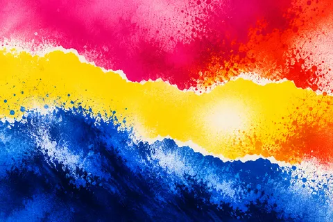 A torn-paper horizon in three bands in red, navy, yellow, blue; landscape artwork.