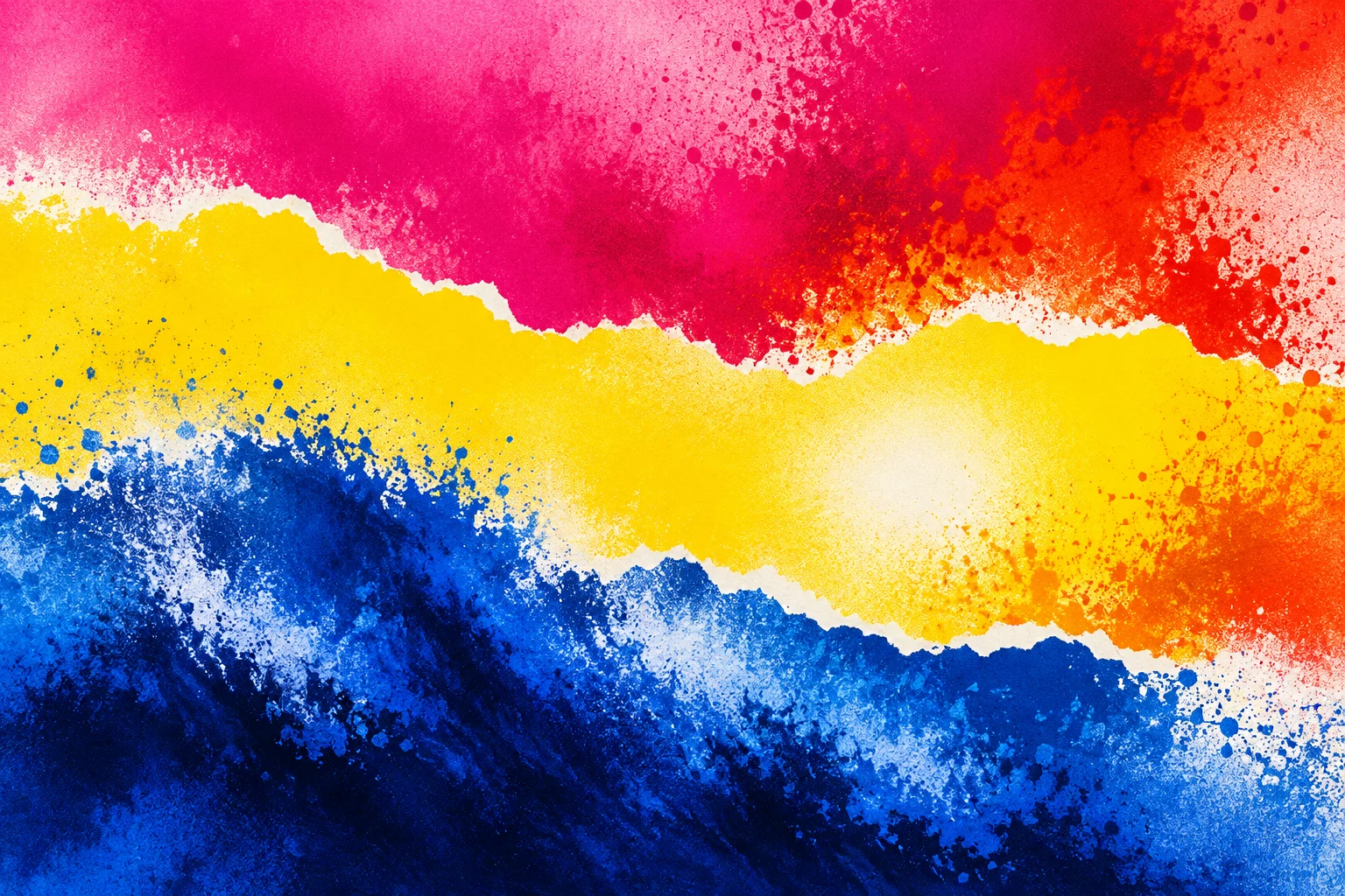 A torn-paper horizon in three bands in red, navy, yellow, blue; landscape artwork.