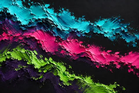 Three broad horizontal bands with torn wet edges in black, green, sage, rust; landscape artwork.