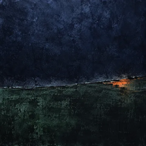 A cracked field with one patch of a second color in black, navy; square artwork.