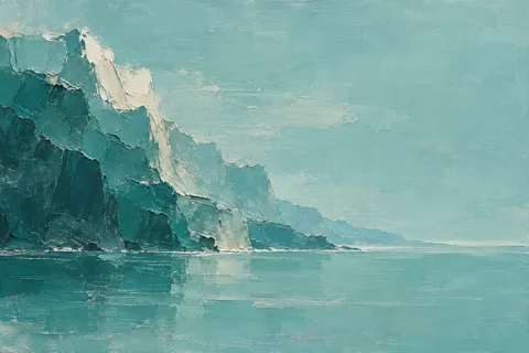 A mountainous mass of paint on the left, empty on the right in sky blue, gray, green, blue; landscape artwork.