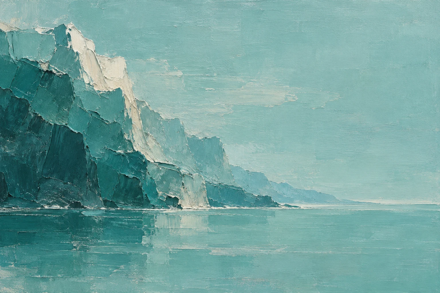 A mountainous mass of paint on the left, empty on the right in sky blue, gray, green, blue; landscape artwork.