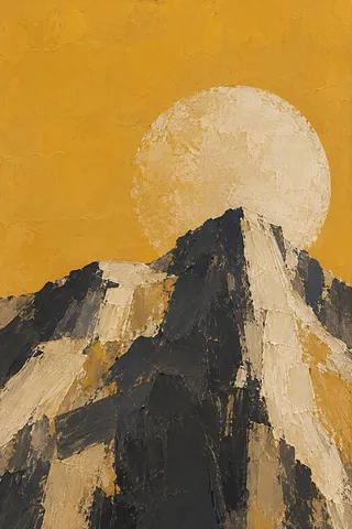 A mass of gathered strokes in the lower half under a vast empty sky in orange, charcoal, stone, sand; portrait artwork.