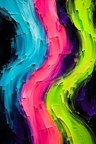 Three flowing bands bending like a slow current in black, pink, yellow, teal; portrait artwork.