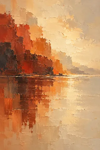 Two vast overlapping fields meeting on a soft seam in sand, blush, stone, red; portrait artwork.