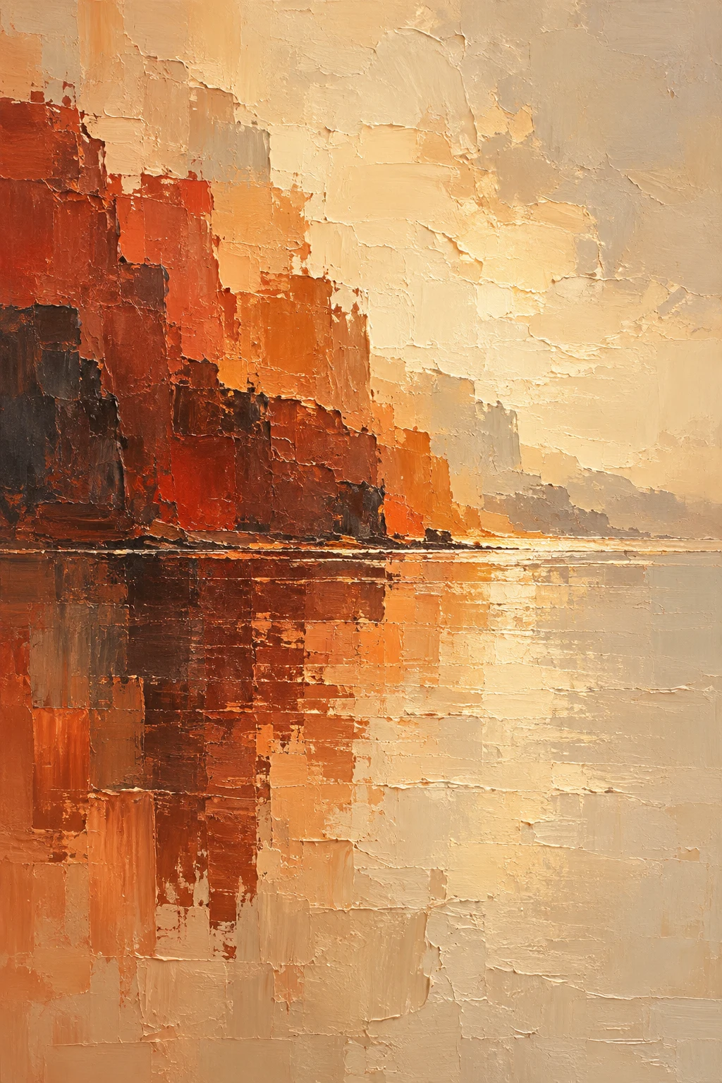 Two vast overlapping fields meeting on a soft seam in sand, blush, stone, red; portrait artwork.