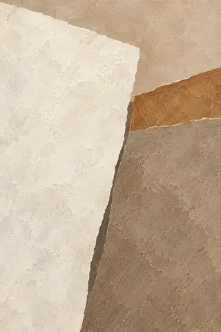 Two heavy blocks leaning against each other in cream, taupe, sage, sand; portrait artwork.