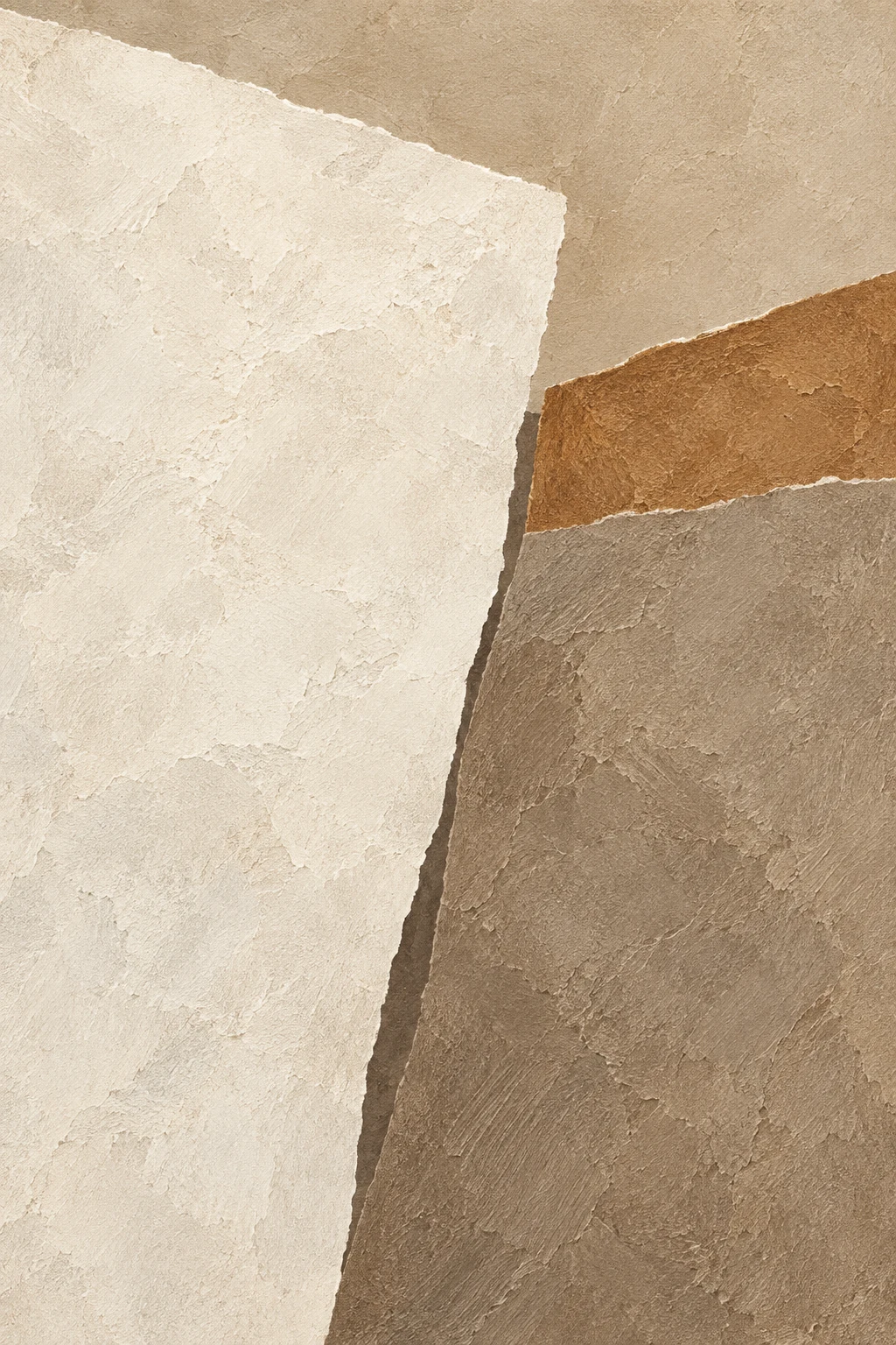 Two heavy blocks leaning against each other in cream, taupe, sage, sand; portrait artwork.