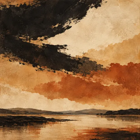 A torn-paper horizon in three bands in black, terracotta, stone, blush; square artwork.
