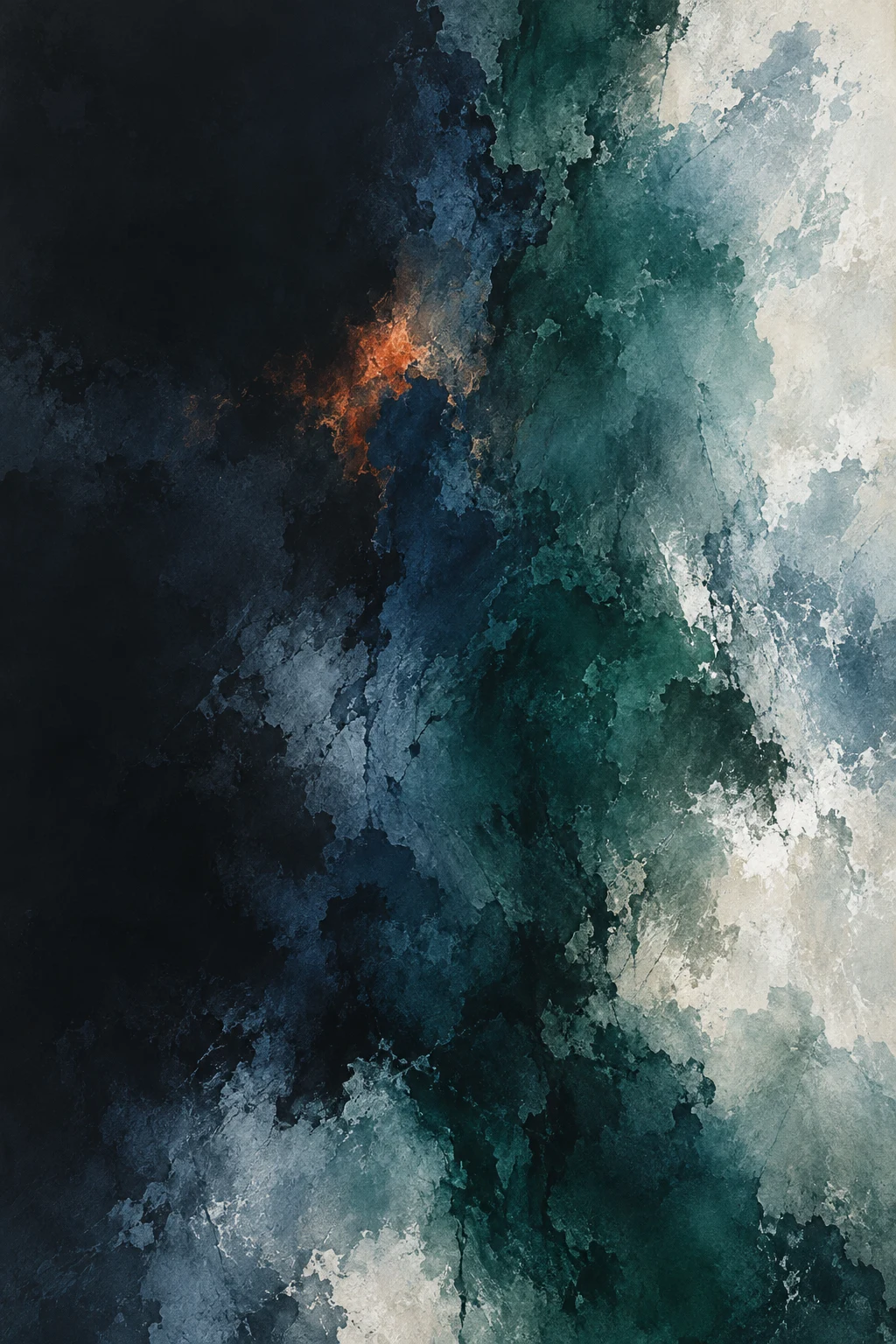 A towering column of layered strokes set off-center in black, navy, stone, green; portrait artwork.