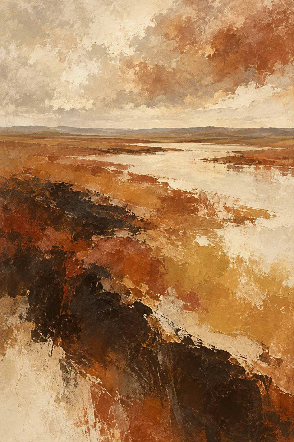 A horizon line set very high with weather above it in ochre, burgundy, stone, cream; portrait artwork.