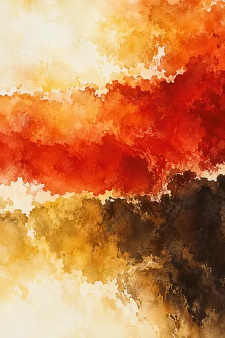 Three broad horizontal bands with torn wet edges in orange, cream, red, burgundy; portrait artwork.